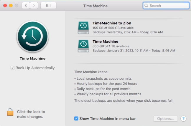 Screenshot of Time Machine Setting