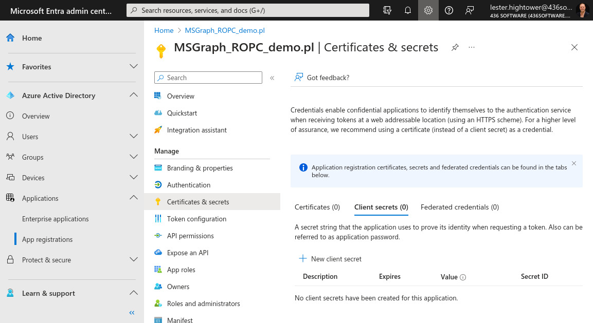 Screenshot of Certificated &amp; Secrets Tab