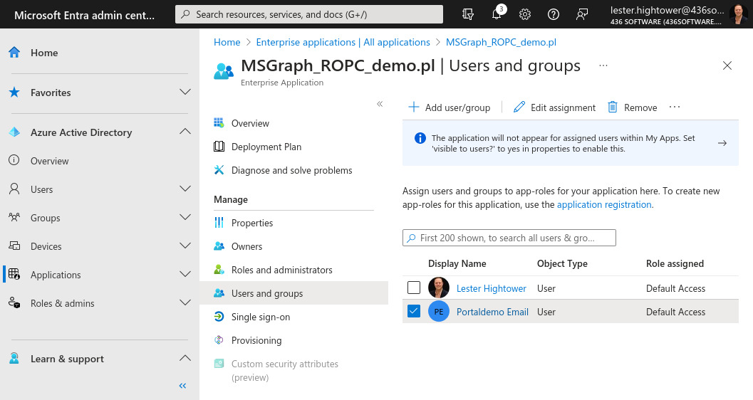 Screenshot of the Enterprise App Users and Groups Tab