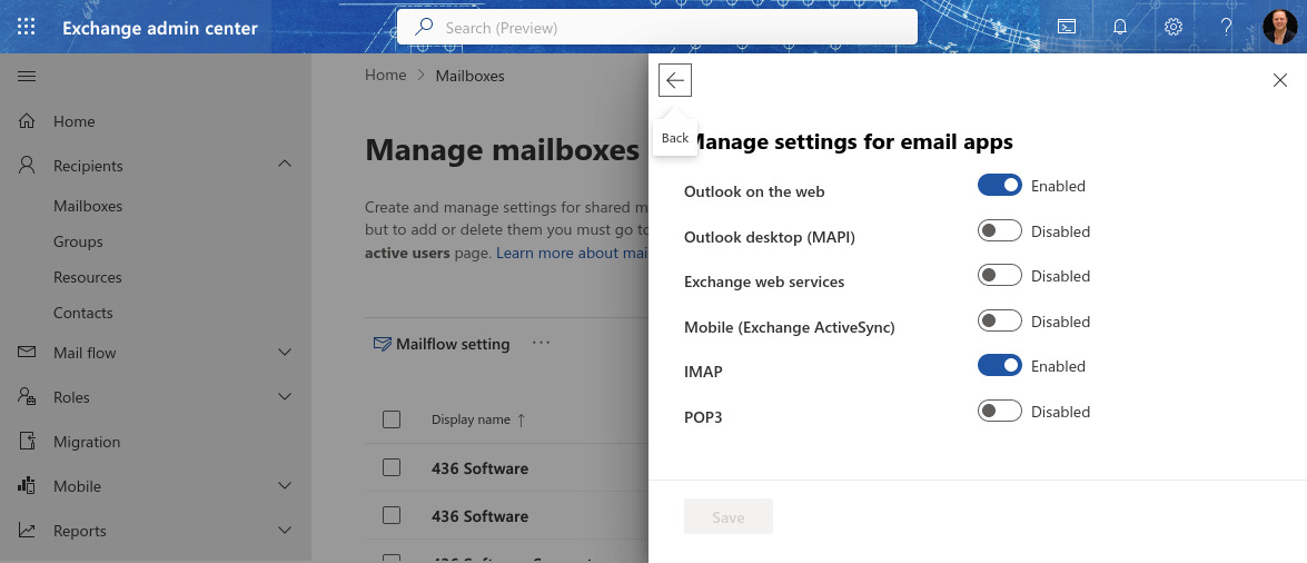 Screenshot of Manage Mailboxes, Email Apps Tab